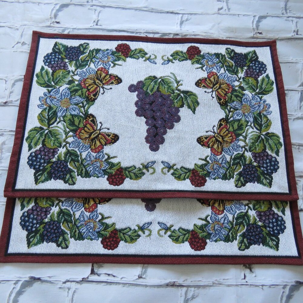 Set of 2 Vintage Tapestry Placemats With Grapes, Flowers & Butterflies
